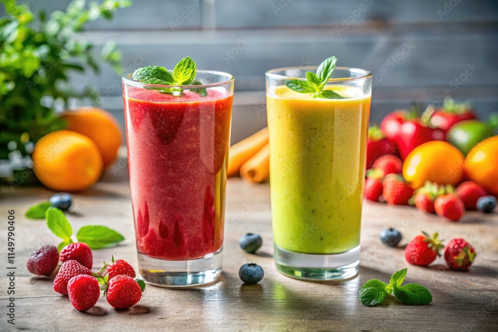 Panoramic shot: vibrant smoothie, modern aesthetic, two glasses, fresh fruit. Panoramic shot: vibrant smoothie, modern aesthetic, two glasses, fresh fruit.