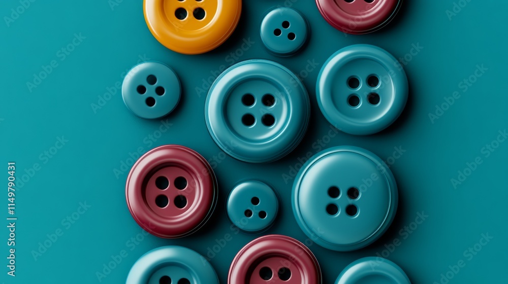 Fototapeta premium Row of colorful buttons on a blue background. The buttons are arranged in a way that they look like they are connected to each other. Concept of unity and harmony
