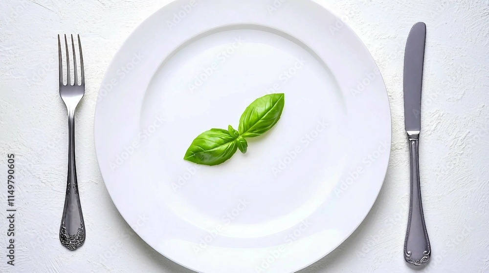 Single Basil Leaf on White Plate Surrounded by Silver Cutlery Single Basil Leaf on White Plate Surrounded by Silver Cutlery