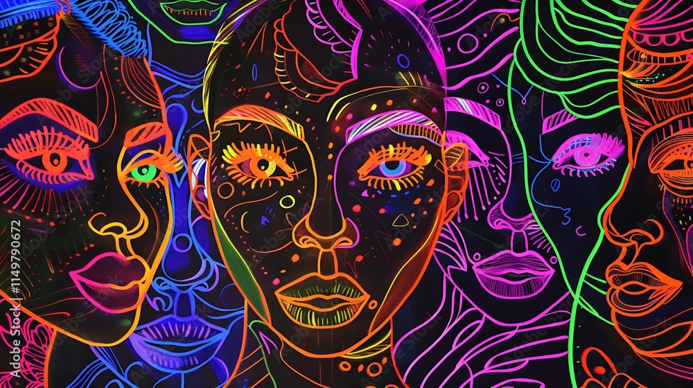 Fototapeta premium Brightly colored ethnic diversity outlines, showcasing inclusivity.