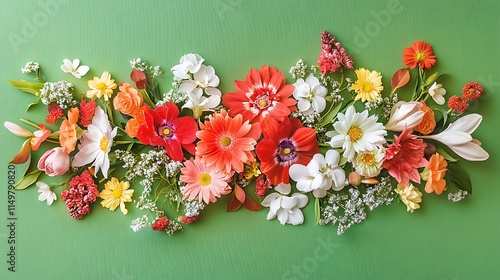 Bright and cheerful spring flowers arranged in an abstract composition on a fresh green background photo