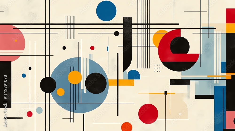 Abstract geometric design with circles, lines, and rectangles in a mid-century modern style. Abstract geometric design with circles, lines, and rectangles in a mid-century modern style.