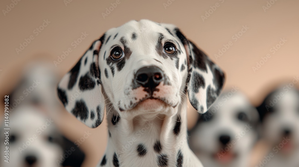 A close-up of a Dalmatian puppy with distinct black spots, surrounded by a soft-focus of other puppies in the background. A close-up of a Dalmatian puppy with distinct black spots, surrounded by a soft-focus of other puppies in the background.