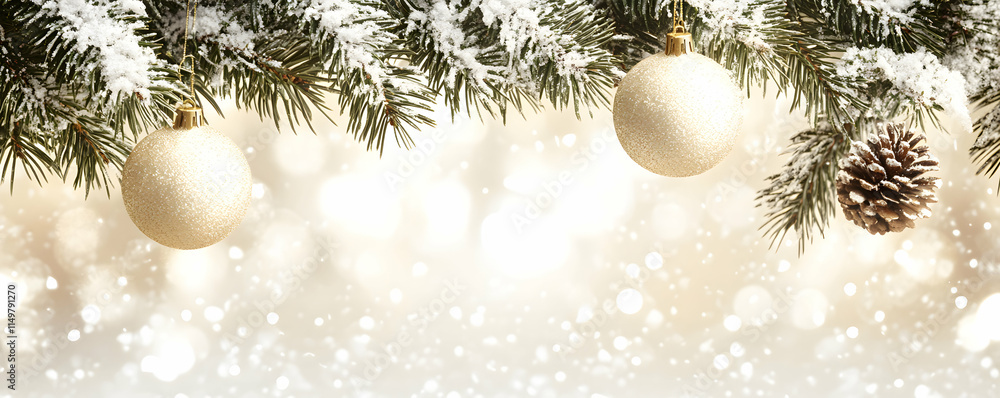 Festive holiday scene with ornaments and snowflakes. Festive holiday scene with ornaments and snowflakes.