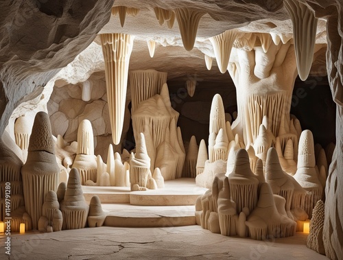 A limestone cave featuring intricate stalactites and stalagmites, natural beige and cream tones, detailed textures, and soft ambient light highlighting the rock formations,generative ai photo