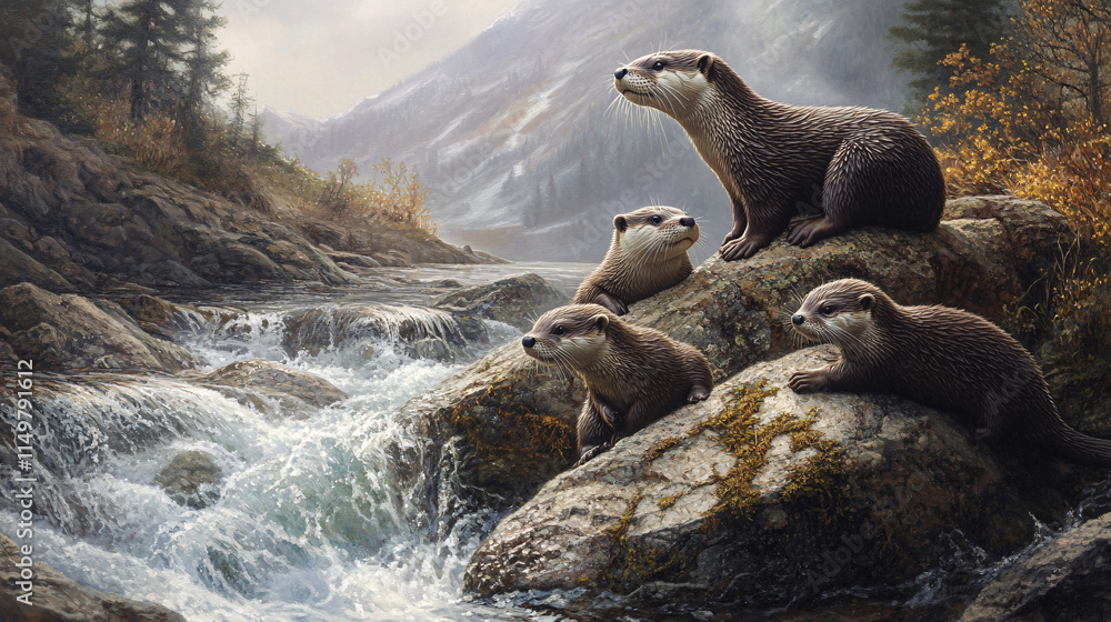 Fototapeta premium A family of otters playing by a rocky stream, with lichen-covered granite stones forming the riverbank, and a gentle mist rising from the water. 