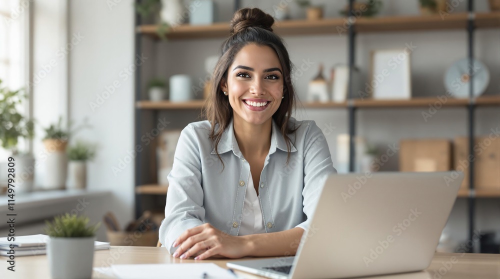 Fototapeta premium Confident and Ready: A young professional woman radiates confidence and readiness as she sits at her desk, laptop open and a genuine smile on her face.