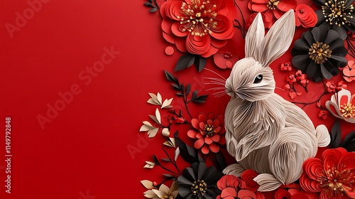 Intricately designed Chinese Rabbit adorned with paper craft flowers on a red and black Lunar New Year banner, featuring ample copy-space photo