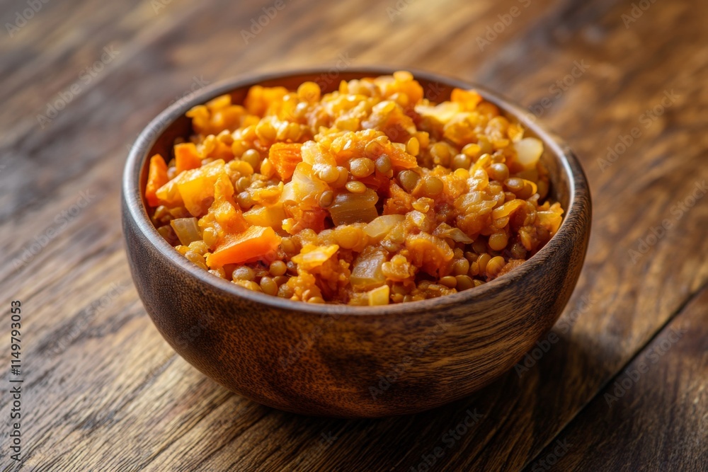 Hearty Lentil Dish in Wooden Bowl Hearty Lentil Dish in Wooden Bowl