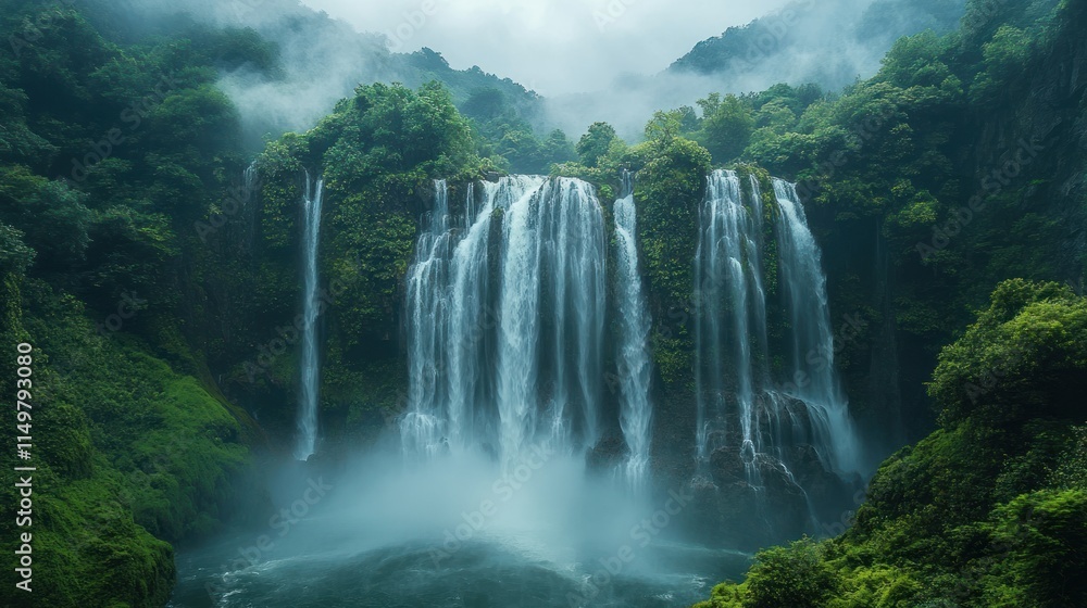 Misty waterfall cascades down lush green cliffs. Misty waterfall cascades down lush green cliffs.