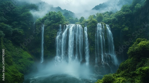Misty waterfall cascades down lush green cliffs.