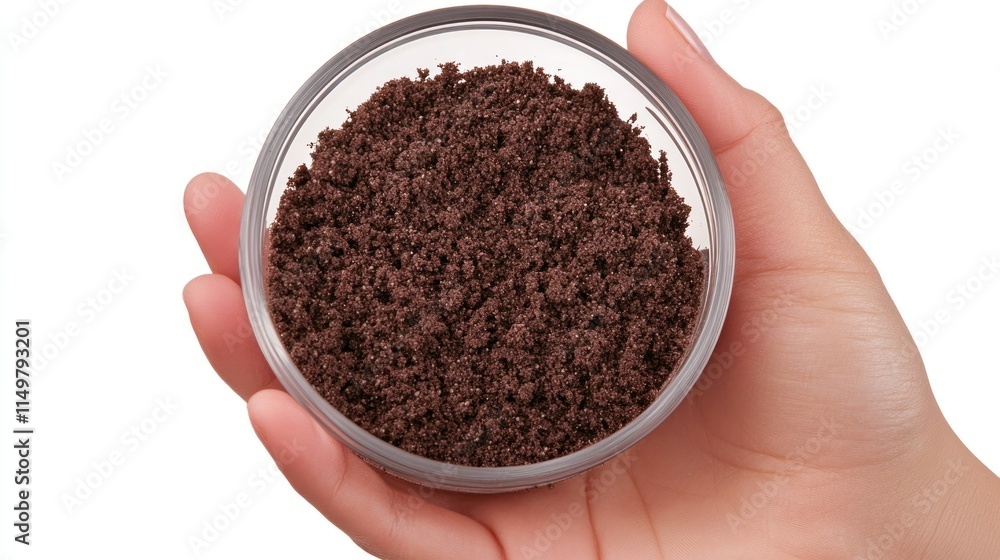Hand holding a small glass bowl of dark brown powder. Hand holding a small glass bowl of dark brown powder.