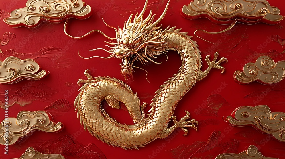 Luxurious red canvas with golden dragon zodiac elements celebrating Chinese New Year 2024 Luxurious red canvas with golden dragon zodiac elements celebrating Chinese New Year 2024