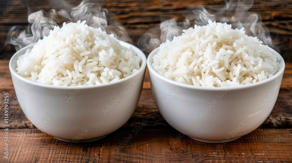 Freshly cooked rice is served in two white bowls, steam rising, set against a rustic wooden background, Ideal for food blogs, restaurants, and culinary presentations, Freshly cooked rice is served in two white bowls, steam rising, set against a rustic wooden background, Ideal for food blogs, restaurants, and culinary presentations,