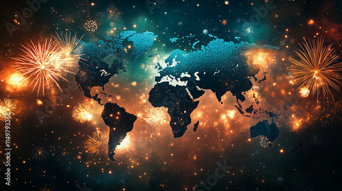 An artistic representation of a world map with fireworks going off in major cities around the globe, celebrating the universal joy of welcoming a new year.