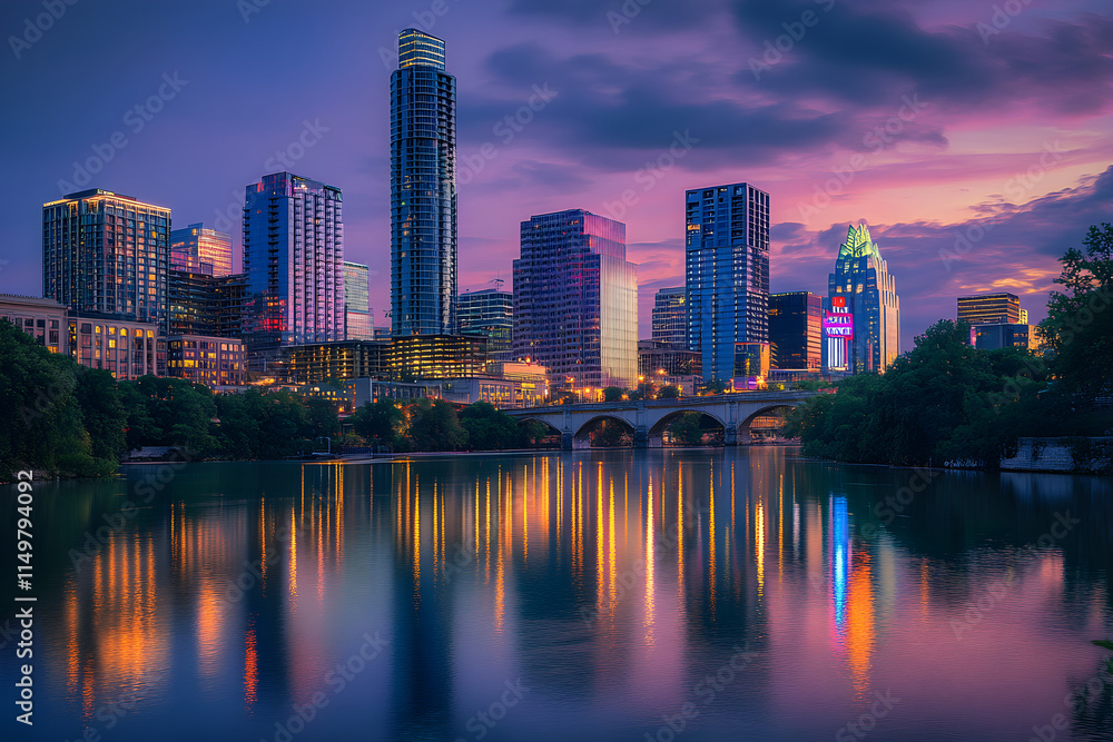 Fototapeta premium Illuminated Metropolis at Twilight with Modern and Historic Architecture