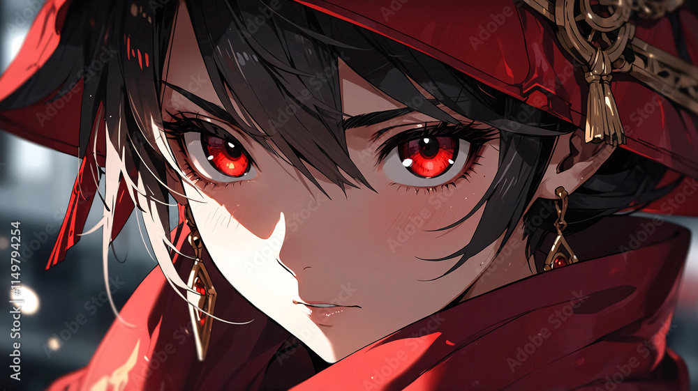 Fototapeta premium Gorgeous red-eyed girl in red hoodie with bold embroidery and layered jewelry walking through city streets Anime Wallpaper