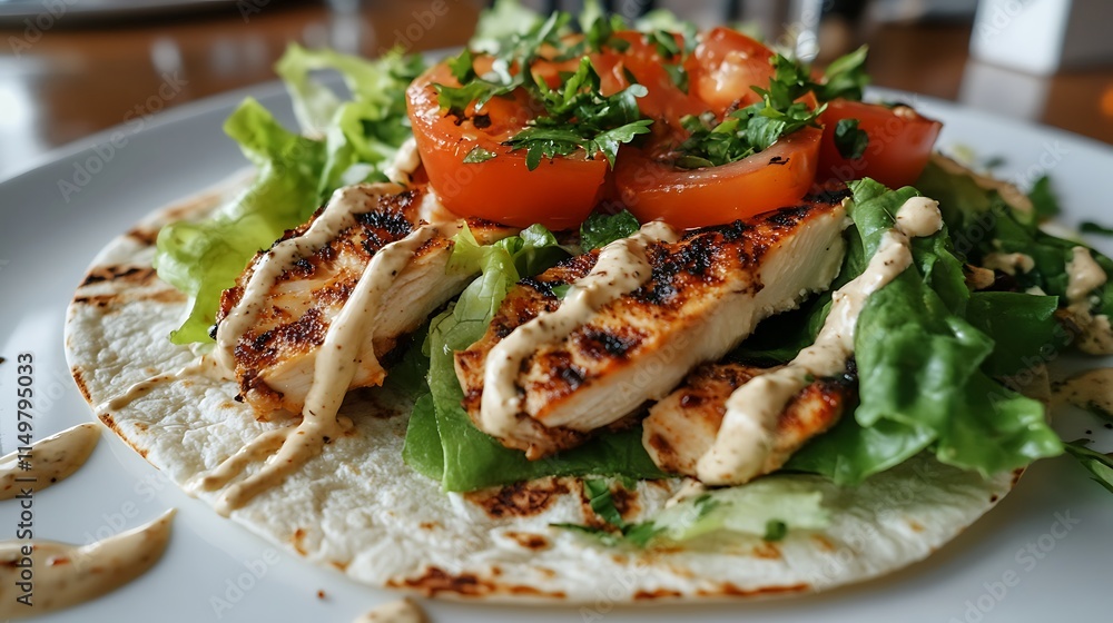 A chicken shawarma wrap filled with lettuce, tomatoes, and garlic sauce displayed on a clean white plate A chicken shawarma wrap filled with lettuce, tomatoes, and garlic sauce displayed on a clean white plate