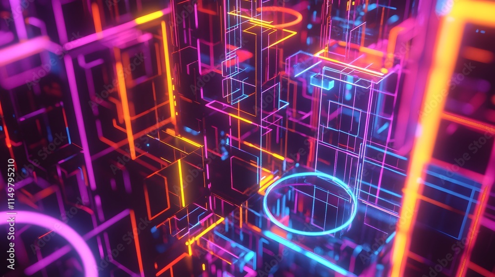 Fototapeta premium Vibrant neon abstract geometry digital space 3d render futuristic environment close-up visual concept
