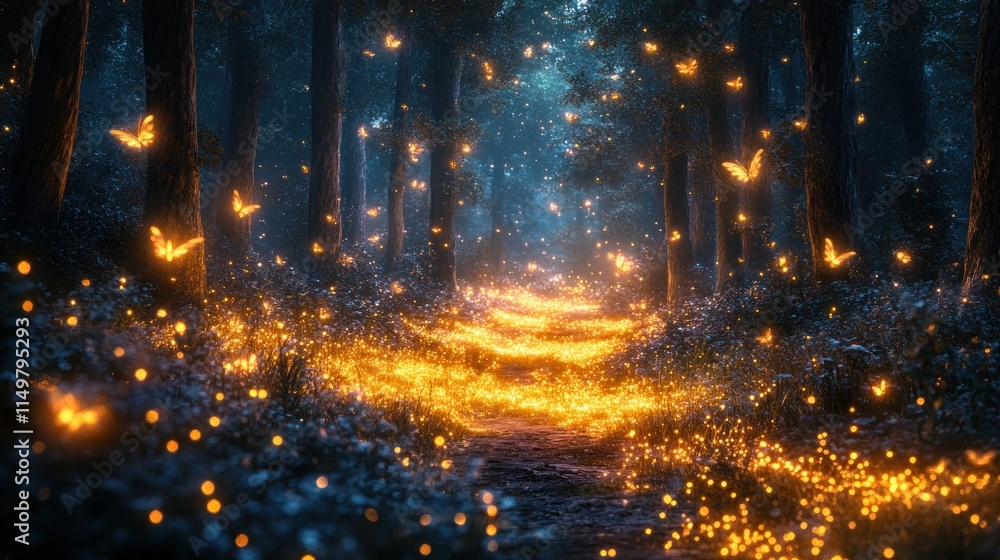 Fototapeta premium Enchanted forest path, glowing butterflies, fireflies.