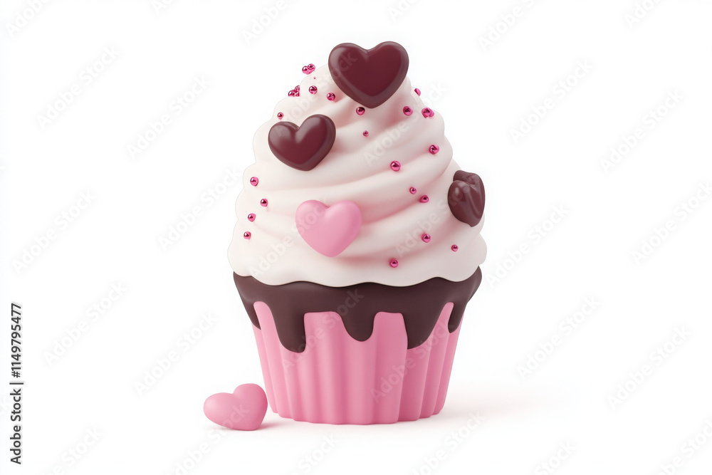 Delicious cupcake with pink frosting and heart shaped decorations Delicious cupcake with pink frosting and heart shaped decorations