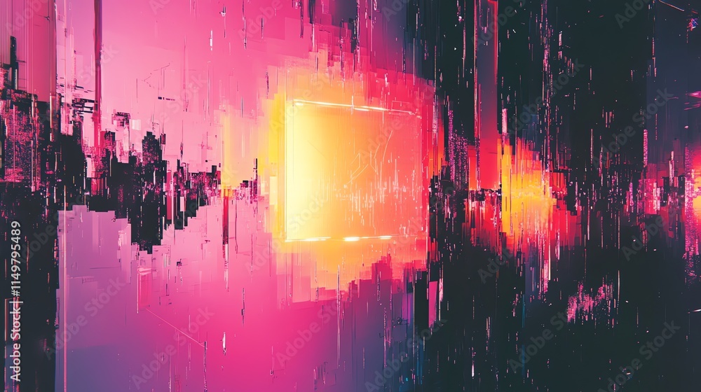 Obraz premium An abstract digital art piece in shades of pink, yellow, red, white, and black. It is reminiscent of a television screen with static or a computer screen with a glitch.