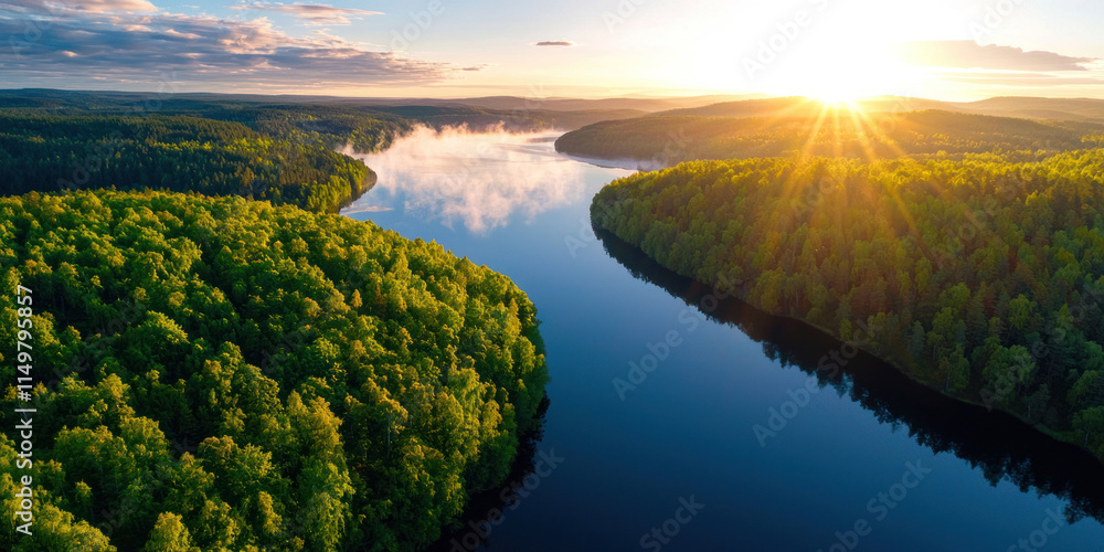 Obraz premium serene lakeside scene with lush trees and glowing sunrise, reflecting on calm waters