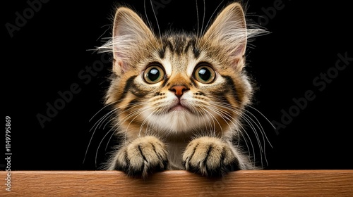 Adorable Young Tabby Cat with Big Eyes Peeking Over a Wooden Surface photo