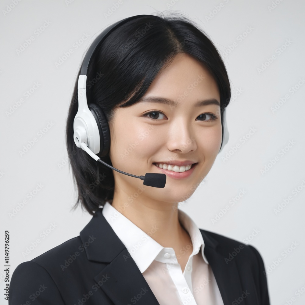 Portrait of Asian woman in call center with smile, headset and happy to help at customer service agent or sales desk. Telemarketing, communication or reception, businessman with cheerful face . Ai gen Portrait of Asian woman in call center with smile, headset and happy to help at customer service agent or sales desk. Telemarketing, communication or reception, businessman with cheerful face . Ai gen