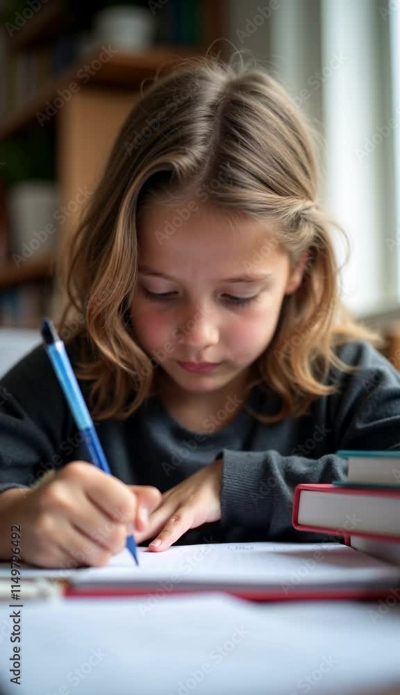 Close-up of young student nervously biting lip while gripping pen, surrounded by textbooks and notes in soft natural light Close-up of young student nervously biting lip while gripping pen, surrounded by textbooks and notes in soft natural light