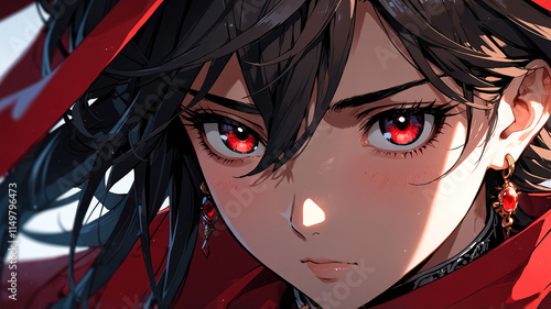 Stunning red-eyed girl in red hoodie with embroidery and layered jewelry in front of a modern city backdrop Anime Wallpaper