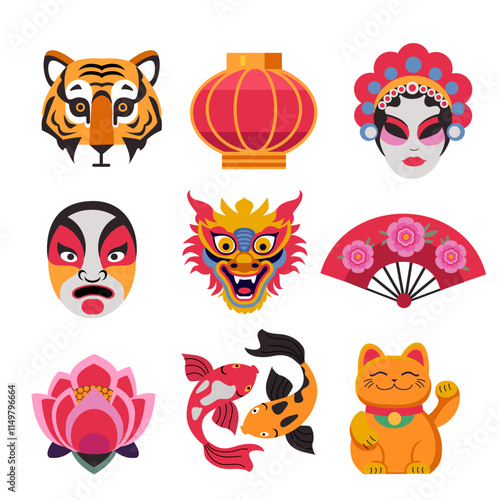 set of chinese  color vector flat icons