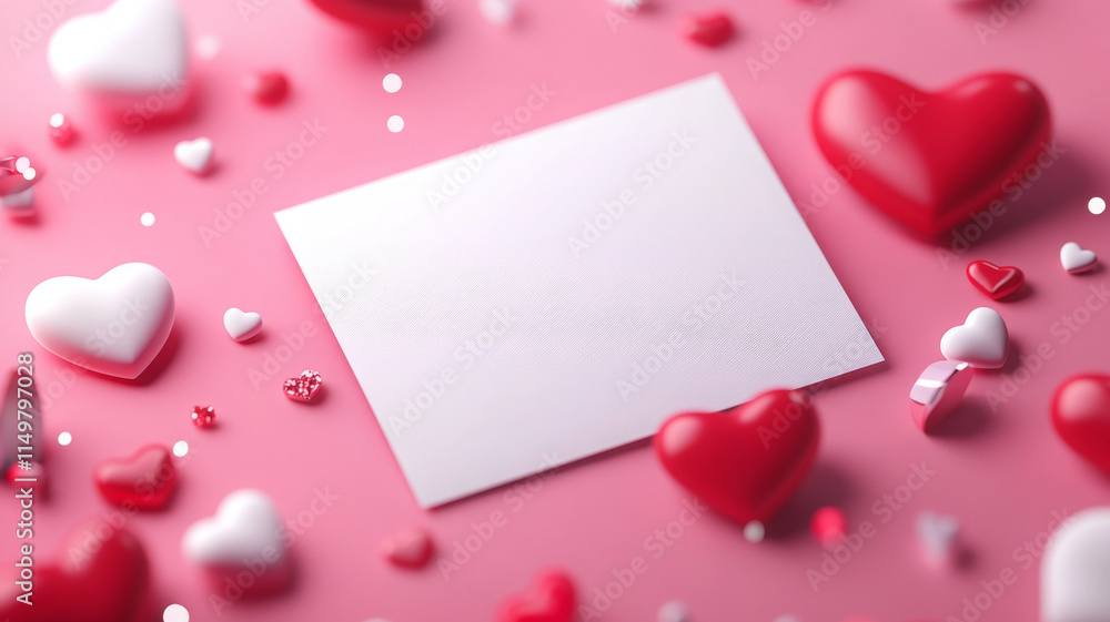 Blank card surrounded by red and white hearts on pink background Blank card surrounded by red and white hearts on pink background