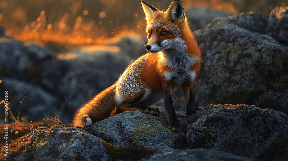 A fox playing among lichen-covered granite rocks, illuminated by the soft glow of sunset, with light mist swirling around its paws. A fox playing among lichen-covered granite rocks, illuminated by the soft glow of sunset, with light mist swirling around its paws.