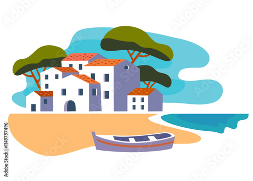 Mediterranean landscape with town and boat flat style vector illustration