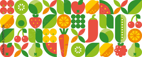 Seamless pattern with fruits, berries, vegetables and leaves.Organic food abstract geometric background.Set of simple icons in flat style.Isolated elements.Vector illustration.