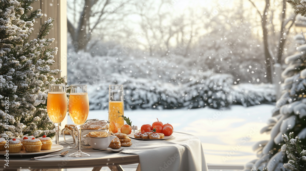 A photo-realistic scene of a New Year's Day brunch, with a table set with mimosas, pastries, and a view of a snowy garden outside, capturing the start of the year in a tranquil, elegant setting. A photo-realistic scene of a New Year's Day brunch, with a table set with mimosas, pastries, and a view of a snowy garden outside, capturing the start of the year in a tranquil, elegant setting.