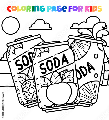 Summer season with soda drinks outline coloring page vector illustration
