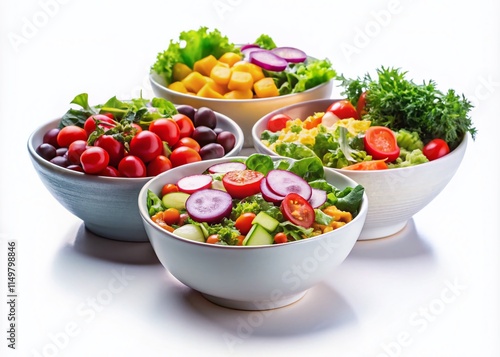 Three Yummy Salad Bowls Panoramic Photography - Isolated on White Background