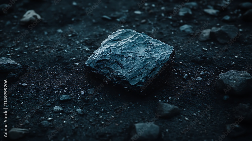 Naklejka premium Close-up of a single rock surrounded by dark soil in a minimalistic natural setting.