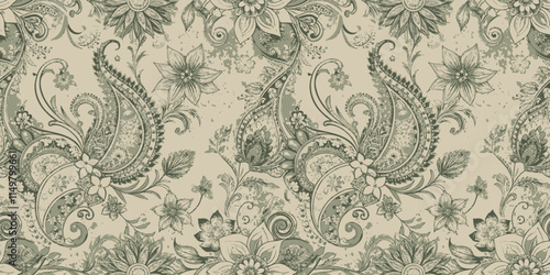 Elegant green floral paisley pattern for textile design and wallpaper.
