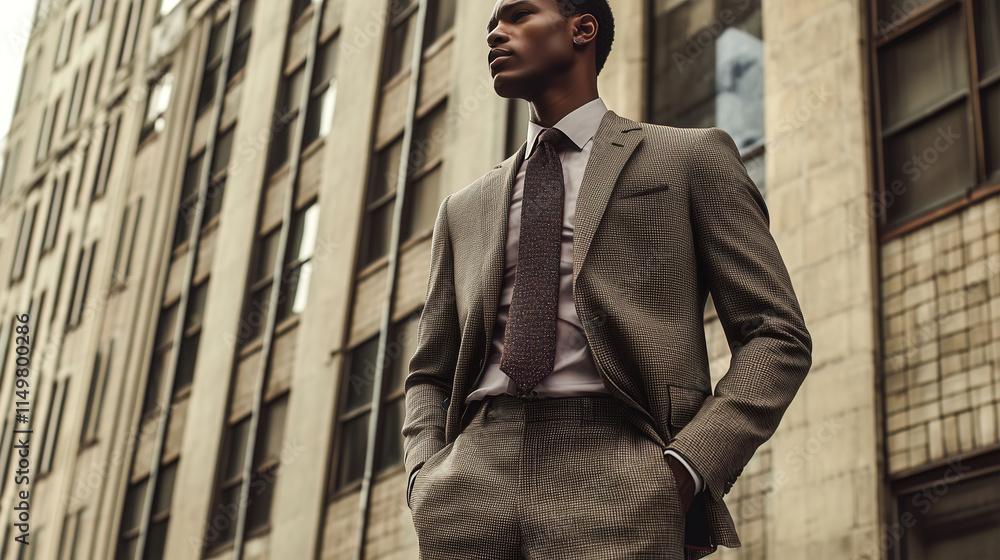 A stylishly dressed businessman stands confidently in front of a contemporary urban office facade, representing modern corporate success, confidence, and professionalism in a business environment.