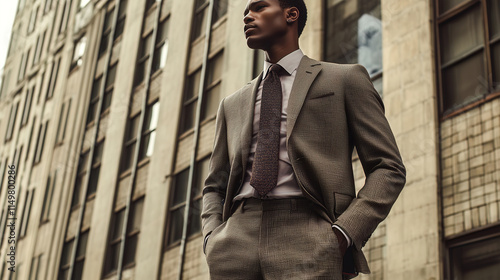 Obraz na płótnie A stylishly dressed businessman stands confidently in front of a contemporary urban office facade, representing modern corporate success, confidence, and professionalism in a business environment. w salonie