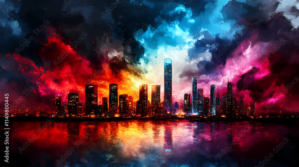 vibrant cyberpunk cityscape at sunset, showcasing diverse skyscrapers reflecting colorful clouds in water. scene evokes sense of wonder and excitement vibrant cyberpunk cityscape at sunset, showcasing diverse skyscrapers reflecting colorful clouds in water. scene evokes sense of wonder and excitement