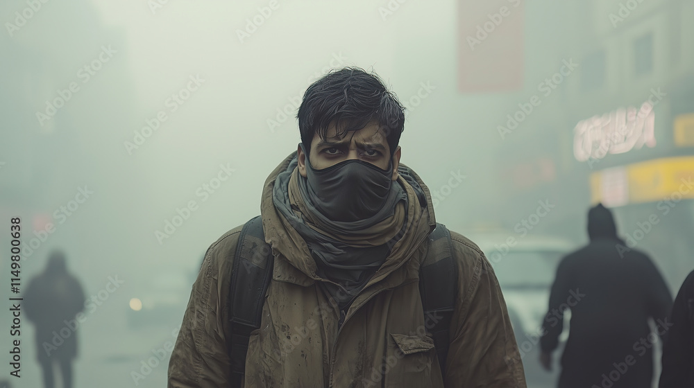 A masked man stands in a foggy city street, surrounded by haze and pollution, symbolizing urban challenges, environmental degradation, and human resilience.