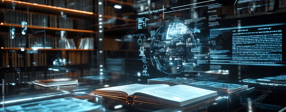 Fototapeta premium Futuristic Data Driven Digital Intelligence Workspace in a Dark Moody Office Environment