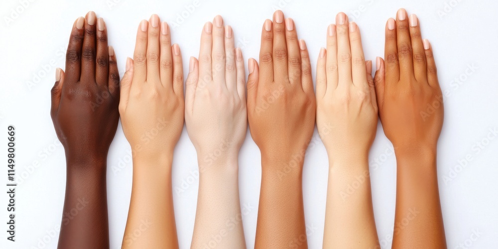 Obraz premium Diverse hands showcasing various skin tones aligned together.