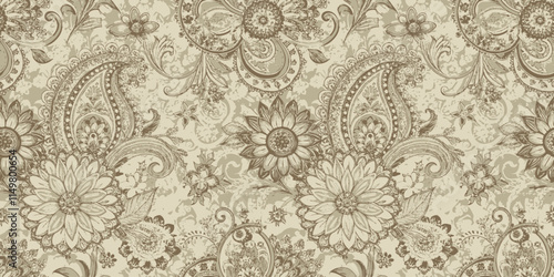 Elegant vintage paisley floral pattern in soft beige and brown tones.