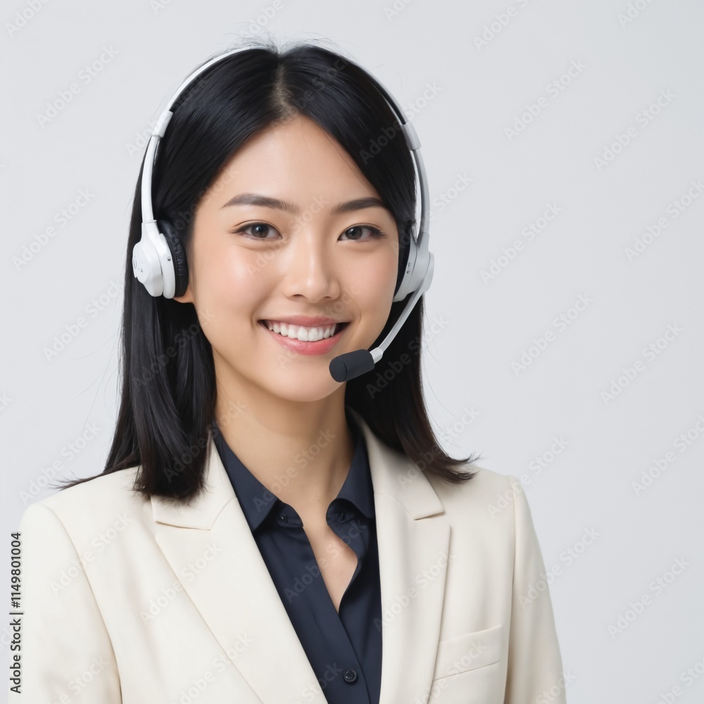 Portrait of Asian woman in call center with smile, headset and happy to help at customer service agent or sales desk. Telemarketing, communication or reception, businessman with cheerful face . Ai gen Portrait of Asian woman in call center with smile, headset and happy to help at customer service agent or sales desk. Telemarketing, communication or reception, businessman with cheerful face . Ai gen