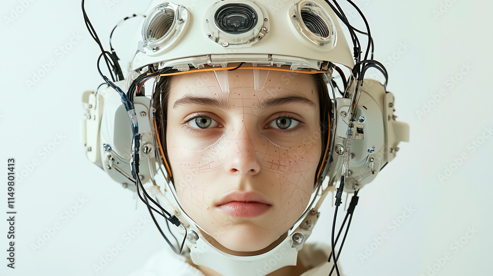 A young woman is depicted wearing an advanced neural helmet with multiple cables and components, suggestive of scientific exploration or futuristic technology.